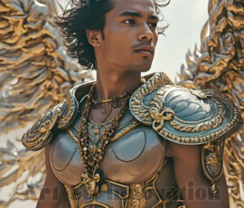Stunning AI-generated male angel art — handsome heavenly warriors with enormous shimmering wings descending from the celestial realm. Heaven's Warriors Collection by Jeff Dupler.