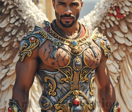 Stunning AI-generated male angel art — handsome heavenly warriors with enormous shimmering wings descending from the celestial realm. Heaven's Warriors Collection by Jeff Dupler.