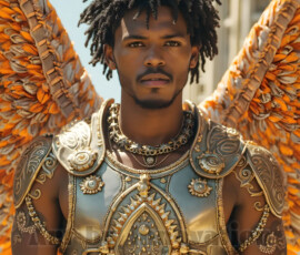 Stunning AI-generated male angel art — handsome heavenly warriors with enormous shimmering wings descending from the celestial realm. Heaven's Warriors Collection by Jeff Dupler.