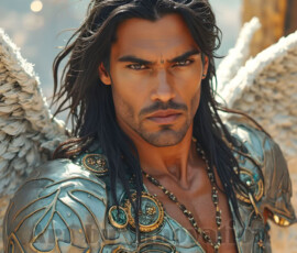 Stunning AI-generated male angel art — handsome heavenly warriors with enormous shimmering wings descending from the celestial realm. Heaven's Warriors Collection by Jeff Dupler.