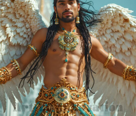 Stunning AI-generated male angel art — handsome heavenly warriors with enormous shimmering wings descending from the celestial realm. Heaven's Warriors Collection by Jeff Dupler.