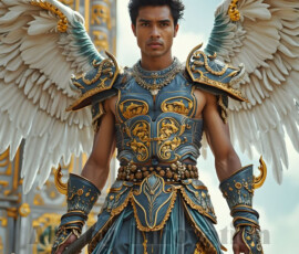 Stunning AI-generated male angel art — handsome heavenly warriors with enormous shimmering wings descending from the celestial realm. Heaven's Warriors Collection by Jeff Dupler.
