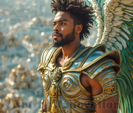 Stunning AI-generated male angel art — handsome heavenly warriors with enormous shimmering wings descending from the celestial realm. Heaven's Warriors Collection by Jeff Dupler.