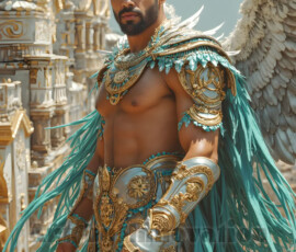 Stunning AI-generated male angel art — handsome heavenly warriors with enormous shimmering wings descending from the celestial realm. Heaven's Warriors Collection by Jeff Dupler.