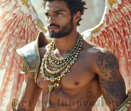 Stunning AI-generated male angel art — handsome heavenly warriors with enormous shimmering wings descending from the celestial realm. Heaven's Warriors Collection by Jeff Dupler.