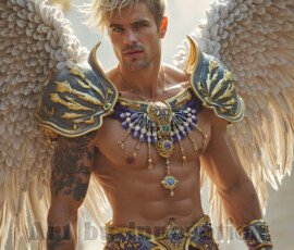 Stunning AI-generated male angel art — handsome heavenly warriors with enormous shimmering wings descending from the celestial realm. Heaven's Warriors Collection by Jeff Dupler.