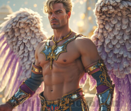 Stunning AI-generated male angel art — handsome heavenly warriors with enormous shimmering wings descending from the celestial realm. Heaven's Warriors Collection by Jeff Dupler.