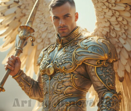 Stunning AI-generated male angel art — handsome heavenly warriors with enormous shimmering wings descending from the celestial realm. Heaven's Warriors Collection by Jeff Dupler.
