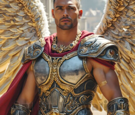 Stunning AI-generated male angel art — handsome heavenly warriors with enormous shimmering wings descending from the celestial realm. Heaven's Warriors Collection by Jeff Dupler.