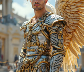 Stunning AI-generated male angel art — handsome heavenly warriors with enormous shimmering wings descending from the celestial realm. Heaven's Warriors Collection by Jeff Dupler.