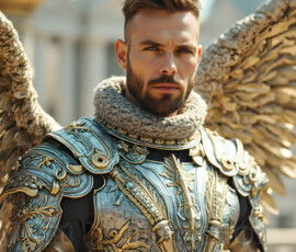 Stunning AI-generated male angel art — handsome heavenly warriors with enormous shimmering wings descending from the celestial realm. Heaven's Warriors Collection by Jeff Dupler.