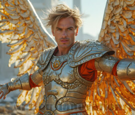 Stunning AI-generated male angel art — handsome heavenly warriors with enormous shimmering wings descending from the celestial realm. Heaven's Warriors Collection by Jeff Dupler.