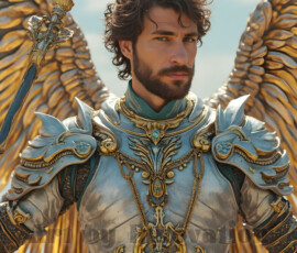 Stunning AI-generated male angel art — handsome heavenly warriors with enormous shimmering wings descending from the celestial realm. Heaven's Warriors Collection by Jeff Dupler.