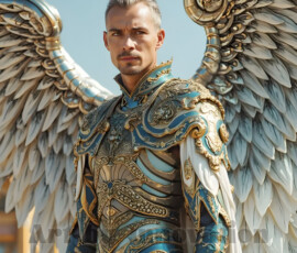 Stunning AI-generated male angel art — handsome heavenly warriors with enormous shimmering wings descending from the celestial realm. Heaven's Warriors Collection by Jeff Dupler.