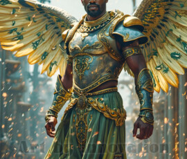 Stunning AI-generated male angel art — handsome heavenly warriors with enormous shimmering wings descending from the celestial realm. Heaven's Warriors Collection by Jeff Dupler.