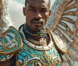 Stunning AI-generated male angel art — handsome heavenly warriors with enormous shimmering wings descending from the celestial realm. Heaven's Warriors Collection by Jeff Dupler.