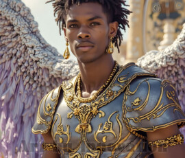 Stunning AI-generated male angel art — handsome heavenly warriors with enormous shimmering wings descending from the celestial realm. Heaven's Warriors Collection by Jeff Dupler.