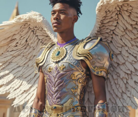 Stunning AI-generated male angel art — handsome heavenly warriors with enormous shimmering wings descending from the celestial realm. Heaven's Warriors Collection by Jeff Dupler.