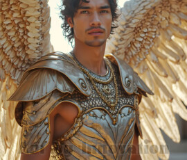 Stunning AI-generated male angel art — handsome heavenly warriors with enormous shimmering wings descending from the celestial realm. Heaven's Warriors Collection by Jeff Dupler.