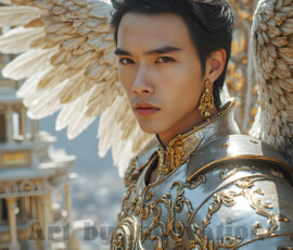 Stunning AI-generated male angel art — handsome heavenly warriors with enormous shimmering wings descending from the celestial realm. Heaven's Warriors Collection by Jeff Dupler.