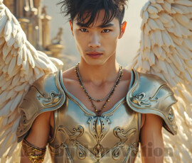 Stunning AI-generated male angel art — handsome heavenly warriors with enormous shimmering wings descending from the celestial realm. Heaven's Warriors Collection by Jeff Dupler.