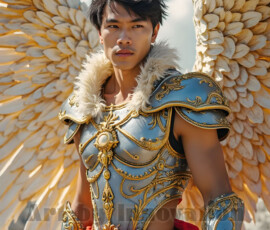 Stunning AI-generated male angel art — handsome heavenly warriors with enormous shimmering wings descending from the celestial realm. Heaven's Warriors Collection by Jeff Dupler.