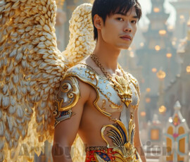 Stunning AI-generated male angel art — handsome heavenly warriors with enormous shimmering wings descending from the celestial realm. Heaven's Warriors Collection by Jeff Dupler.