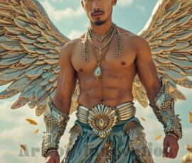 Stunning AI-generated male angel art — handsome heavenly warriors with enormous shimmering wings descending from the celestial realm. Heaven's Warriors Collection by Jeff Dupler.