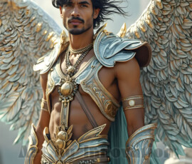Stunning AI-generated male angel art — handsome heavenly warriors with enormous shimmering wings descending from the celestial realm. Heaven's Warriors Collection by Jeff Dupler.