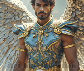 Stunning AI-generated male angel art — handsome heavenly warriors with enormous shimmering wings descending from the celestial realm. Heaven's Warriors Collection by Jeff Dupler.