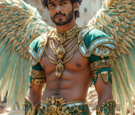 Stunning AI-generated male angel art — handsome heavenly warriors with enormous shimmering wings descending from the celestial realm. Heaven's Warriors Collection by Jeff Dupler.