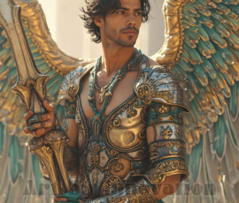 Stunning AI-generated male angel art — handsome heavenly warriors with enormous shimmering wings descending from the celestial realm. Heaven's Warriors Collection by Jeff Dupler.