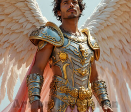 Stunning AI-generated male angel art — handsome heavenly warriors with enormous shimmering wings descending from the celestial realm. Heaven's Warriors Collection by Jeff Dupler.