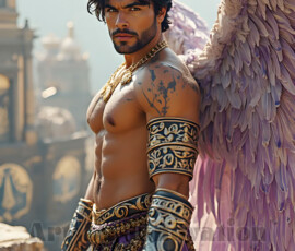 Stunning AI-generated male angel art — handsome heavenly warriors with enormous shimmering wings descending from the celestial realm. Heaven's Warriors Collection by Jeff Dupler.