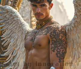 Stunning AI-generated male angel art — handsome heavenly warriors with enormous shimmering wings descending from the celestial realm. Heaven's Warriors Collection by Jeff Dupler.