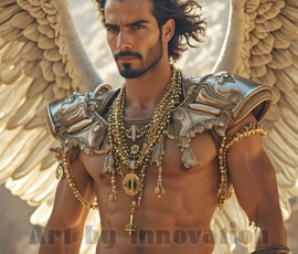 Stunning AI-generated male angel art — handsome heavenly warriors with enormous shimmering wings descending from the celestial realm. Heaven's Warriors Collection by Jeff Dupler.