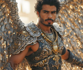 Stunning AI-generated male angel art — handsome heavenly warriors with enormous shimmering wings descending from the celestial realm. Heaven's Warriors Collection by Jeff Dupler.