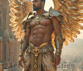 Stunning AI-generated male angel art — handsome heavenly warriors with enormous shimmering wings descending from the celestial realm. Heaven's Warriors Collection by Jeff Dupler.