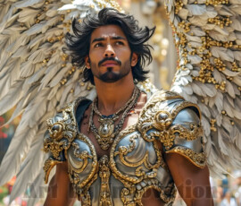 Stunning AI-generated male angel art — handsome heavenly warriors with enormous shimmering wings descending from the celestial realm. Heaven's Warriors Collection by Jeff Dupler.