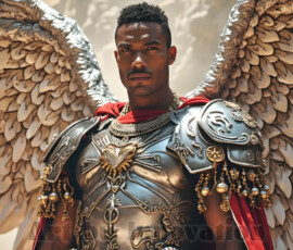 Stunning AI-generated male angel art — handsome heavenly warriors with enormous shimmering wings descending from the celestial realm. Heaven's Warriors Collection by Jeff Dupler.