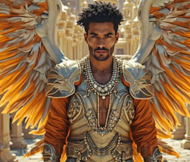 Stunning AI-generated male angel art — handsome heavenly warriors with enormous shimmering wings descending from the celestial realm. Heaven's Warriors Collection by Jeff Dupler.