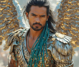 Stunning AI-generated male angel art — handsome heavenly warriors with enormous shimmering wings descending from the celestial realm. Heaven's Warriors Collection by Jeff Dupler.
