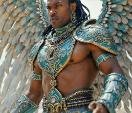 Stunning AI-generated male angel art — handsome heavenly warriors with enormous shimmering wings descending from the celestial realm. Heaven's Warriors Collection by Jeff Dupler.