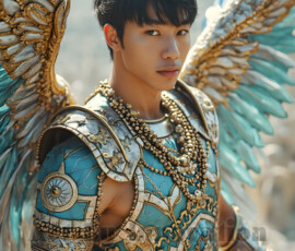 Stunning AI-generated male angel art — handsome heavenly warriors with enormous shimmering wings descending from the celestial realm. Heaven's Warriors Collection by Jeff Dupler.
