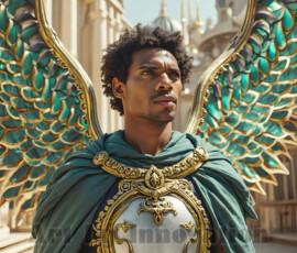 Stunning AI-generated male angel art — handsome heavenly warriors with enormous shimmering wings descending from the celestial realm. Heaven's Warriors Collection by Jeff Dupler.