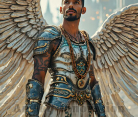 Stunning AI-generated male angel art — handsome heavenly warriors with enormous shimmering wings descending from the celestial realm. Heaven's Warriors Collection by Jeff Dupler.