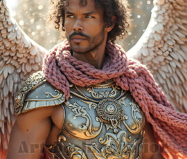 Stunning AI-generated male angel art — handsome heavenly warriors with enormous shimmering wings descending from the celestial realm. Heaven's Warriors Collection by Jeff Dupler.