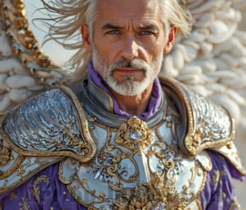 Stunning AI-generated male angel art — handsome heavenly warriors with enormous shimmering wings descending from the celestial realm. Heaven's Warriors Collection by Jeff Dupler.