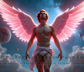 Stunning AI-generated male angel art — handsome heavenly warriors with enormous shimmering wings descending from the celestial realm. Heaven's Warriors Collection by Jeff Dupler.