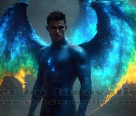 Stunning AI-generated male angel art — handsome heavenly warriors with enormous shimmering wings descending from the celestial realm. Heaven's Warriors Collection by Jeff Dupler.